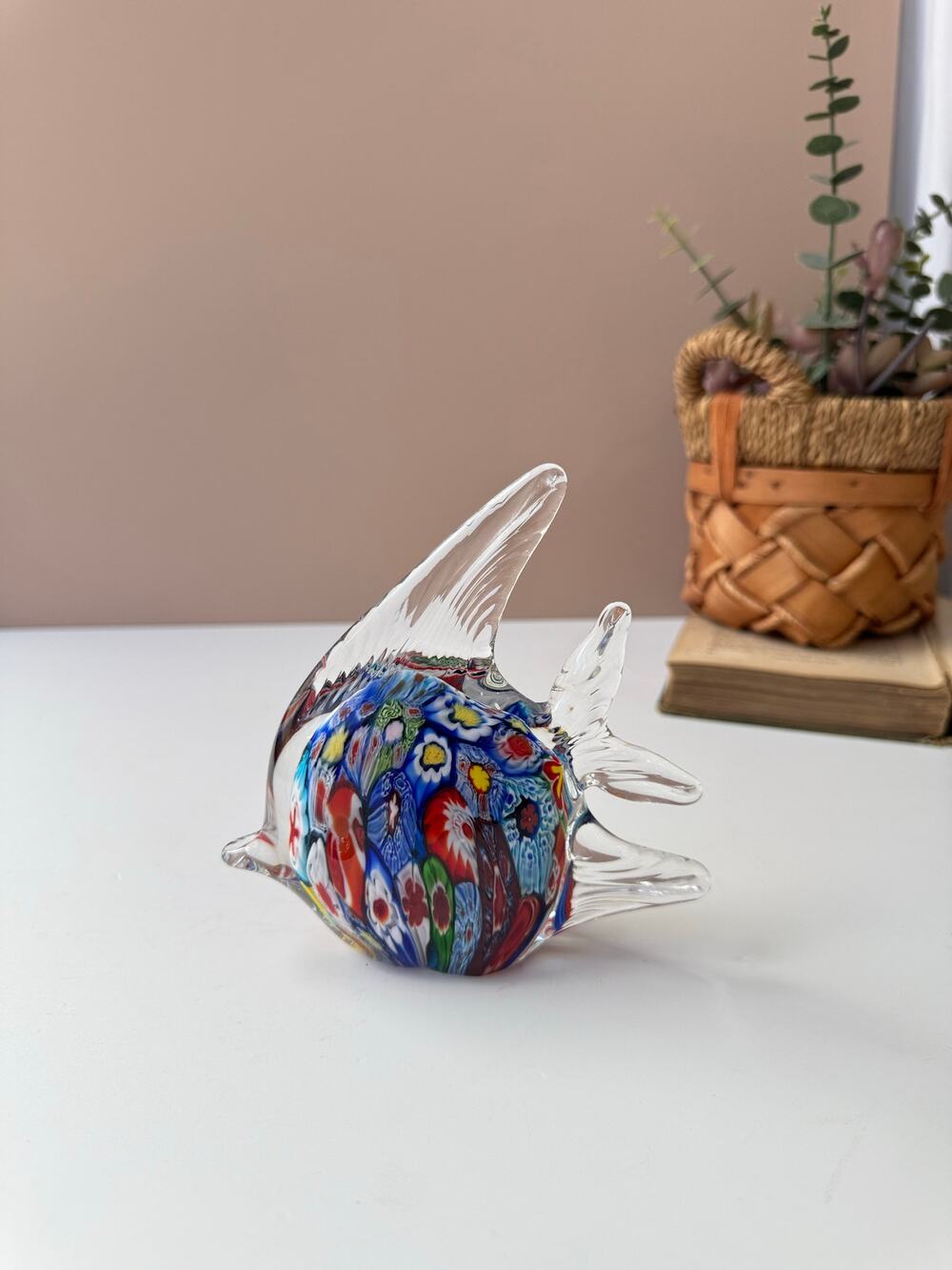 Millefiori Art Glass Angelfish Paperweight Colorful Glass Collectible Desk Shelf